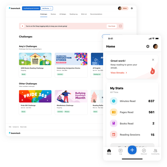 Beanstack reading challenge list of templates and reader stats