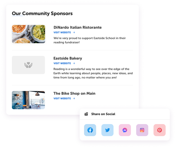 Reading fundraiser community sponsor page featuring local businesses