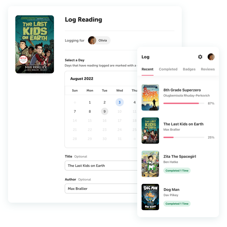Reading log for elementary school student displaying progress on titles recently read